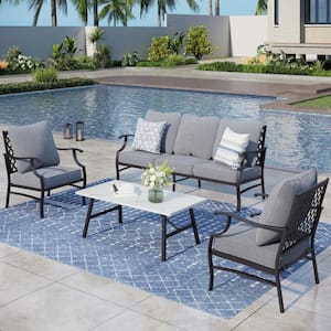 Black 5 Seat 4-Piece Metal Steel Outdoor Patio Conversation Set with Gray Cushions and Table with Marble Pattern Top