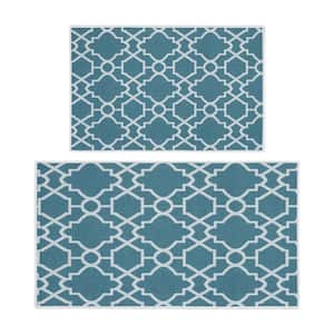 Geometric Graphic Teal 44 in. x 24 in. and 31.5 in. x 20 in. Washable, Thin, Multipurpose Kitchen Rug Mat (Set of 2)