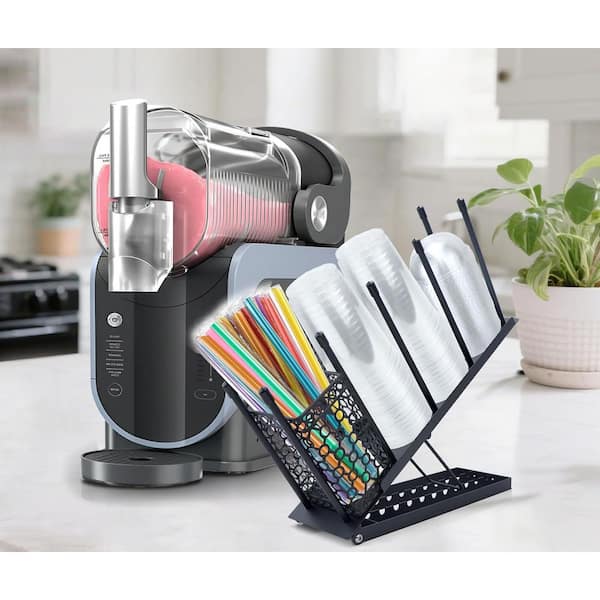 Black Adjustable Cup and Lid Drawer Organizer with Removable Metal Basket, Rust-Proof, Fits Ninja Slushie Machine