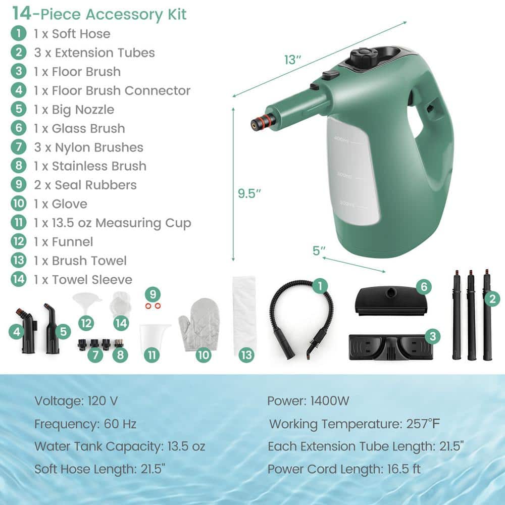 Costway 1400-Watt Multipurpose Handheld Steam Cleaner Corded Steam Mop with 14 Accessories Green F1W-10N287U1-LS