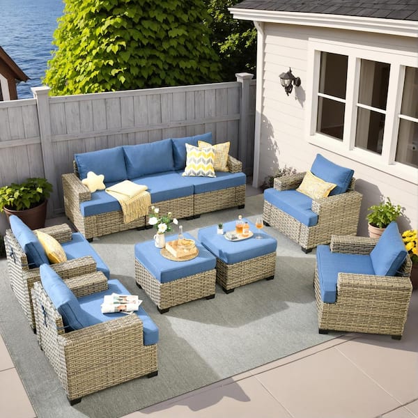 XIZZI Taylor 9-Piece Wicker Outdoor Patio Conversation Seating Set with Blue Cushions