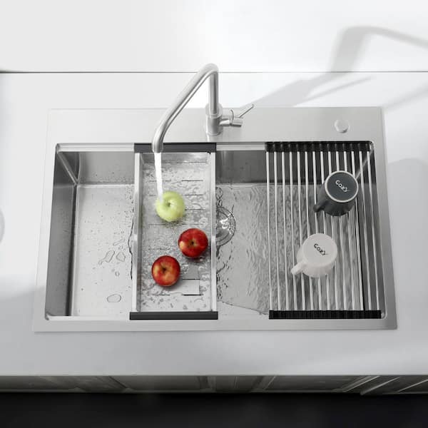 Tidoin 33 in. Drop-In Single Bowl 20-Gauge Sliver Stainless Steel Kitchen Sink with Cutting Board, Colander, Grid