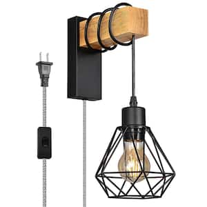 Industrial 5.9 in. Black 1-Light Plug in Wood Base Cage Wall Lamp, Rustic Adjustable Height Pulley Wall Sconces E26 Base