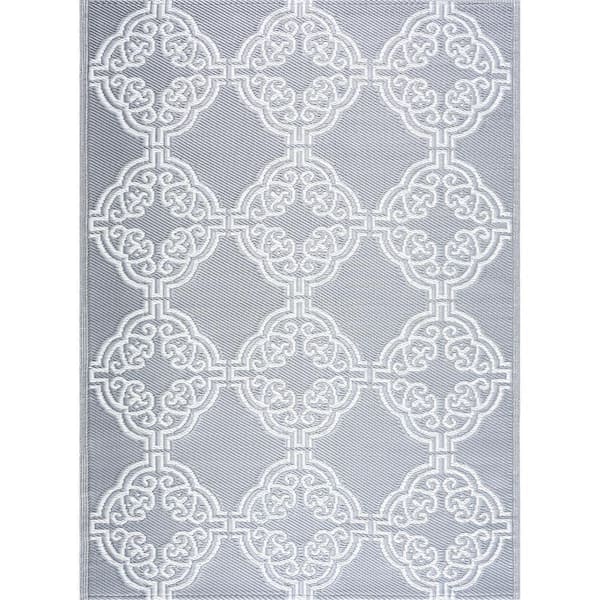 Marrakech Gray White 5 ft. x 7 ft. Reversible Recycled Plastic Indoor/Outdoor Area Rug-Floor Mat