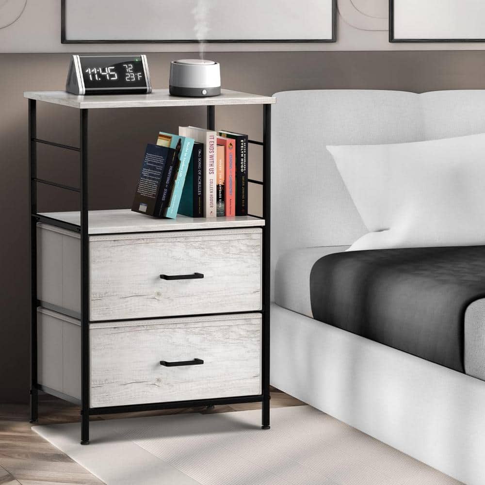 Cream 2-Drawer Nightstand with Steel Frame and Wood Top