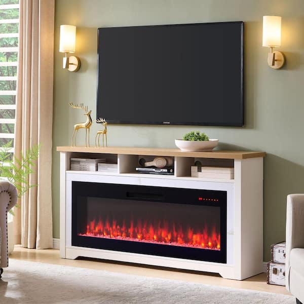 60 in. Freestanding Electric Fireplace TV Stand Fits TV's Up to 70 in. in Cream White