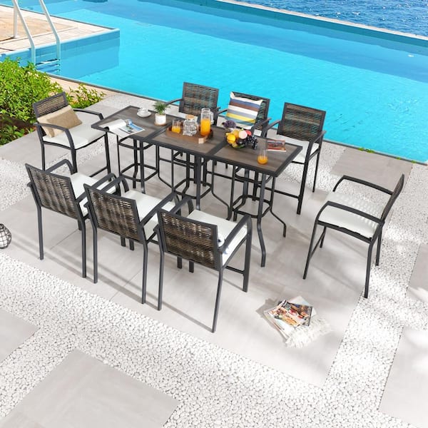 Patio Festival 11-Piece Wicker Bar Height Outdoor Dining Set with Beige Cushions