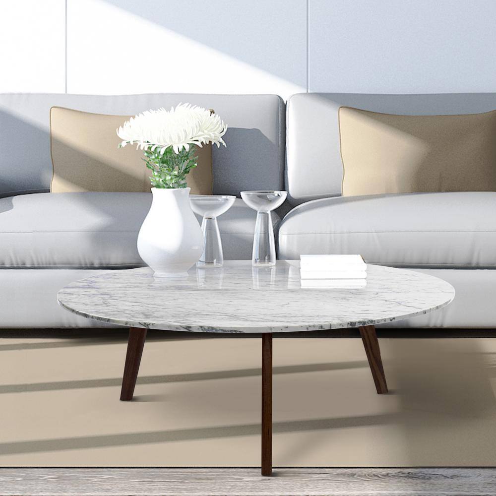 Stella 32" Round White Marble and Walnut Wood Coffee Table