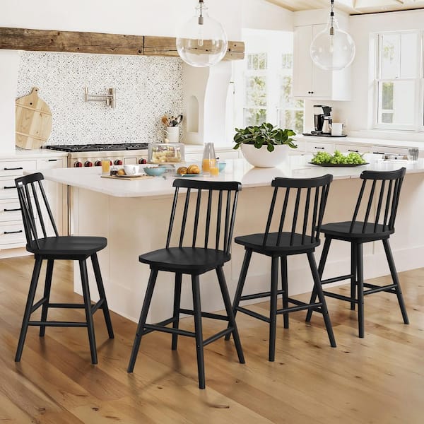 Windsor 24 in. Black Swivel Counter Stools Solid Wood Counter Height Bar Stools Set of 4
