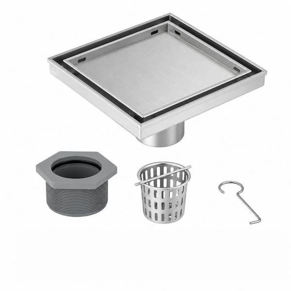 1-Piece Bath Hardware Set Square Bathroom Shower Drain with Tiled Insert Grate and Hair Strainer in Brushed Nickel