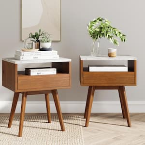 James 25 in. James White and Brown Walnut Finish Faux Marble Top Storage Rectangular Accent Side or End Table, Set of 2
