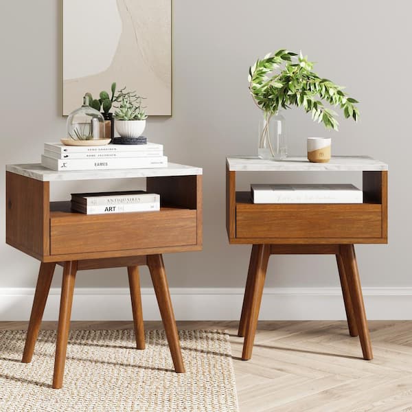Nathan James James 25 in. James White and Brown Walnut Finish Faux Marble Top Storage Rectangular Accent Side or End Table, Set of 2