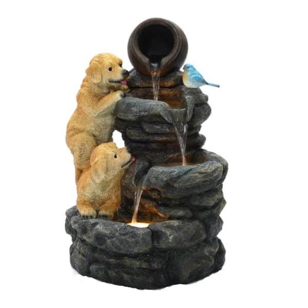 LuxenHome Puppy Rock Tower Farmhouse Resin Outdoor Waterfall Fountain with Lights
