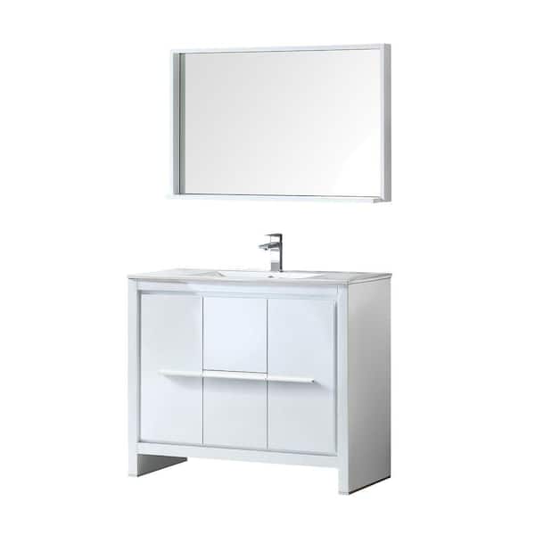 Fresca Allier 40 in. Vanity in White with Ceramic Vanity Top in White and Mirror (Faucet Not Included)