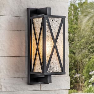 Gillingham 1- Light Black Hardwired Outdoor Lantern Wall Sconce with Hammered Glass