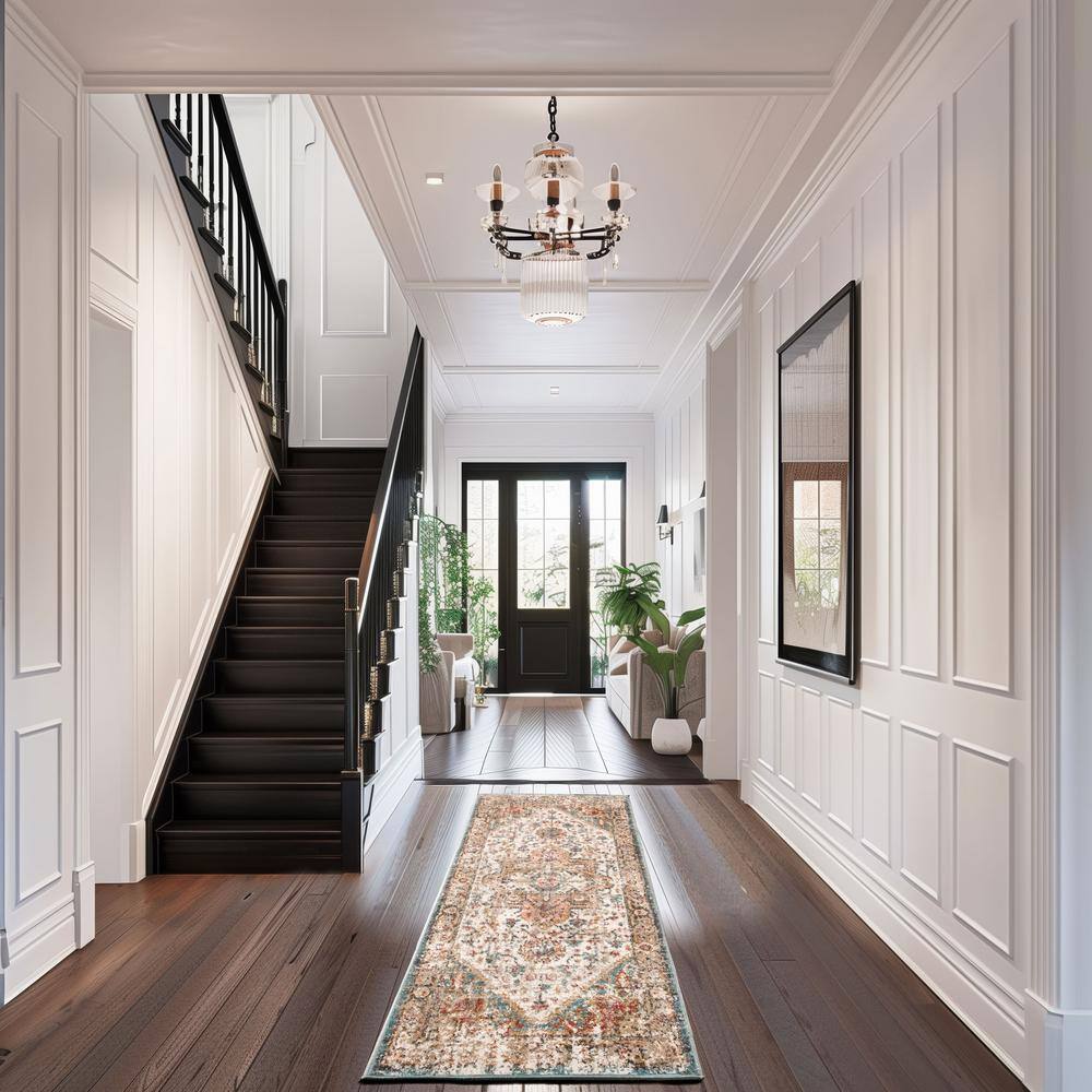 Justine Beige Synthetic Medallion Runner Rug, 2'6" x 10'