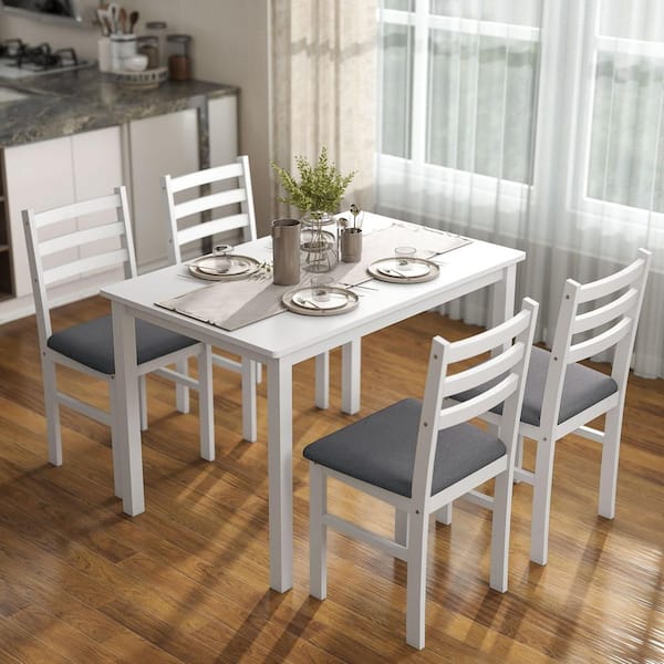 5-Piece Dining Table (Set for 4) Farmhouse Kitchen Table Set with 4 Upholstered Padded Chairs, Breakfast Nook, White