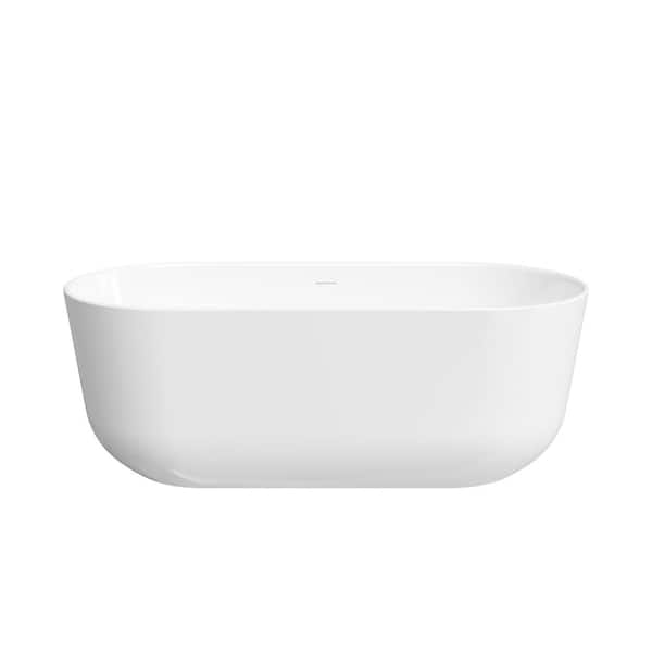 WELLFOR 67 in. Oval Pure Virgin Acrylic Flatbottom Freestanding Soaking Bathtub in White with Drain and Overflow Included