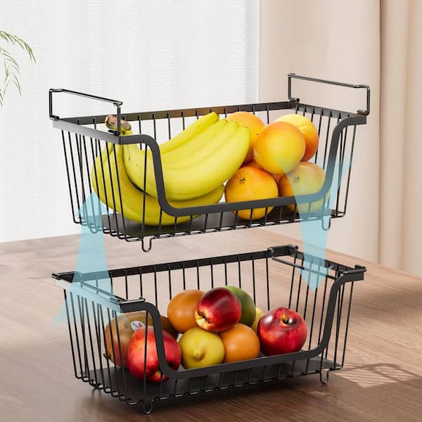 Wudkey 4-Piece Stackable Black Wire Baskets for Pantry Organizers