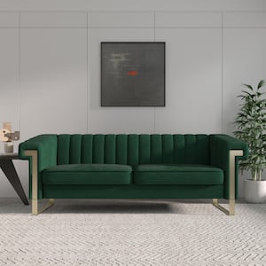 83.86 in. W Square Arm Velvet Mid-Century Straight Channel-Tufted 3-Seater Sofa in Green with Stainless Steel Leg