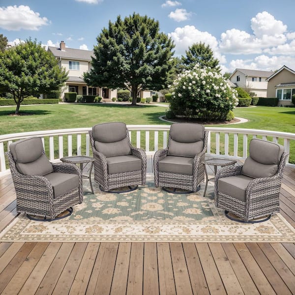 Crescent Gray Swivel Glider Wicker Patio Conversation Set with Gray Olefin 6 in. Thick Cushions/Side Table (6-Piece)