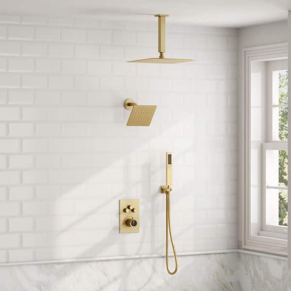 Multiple Press 7-Spray Ceiling Mount Anti Scald 12in. Dual Fixed and Handheld Shower Head in Brushed Gold Valve Included
