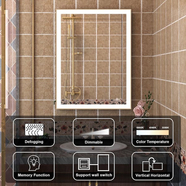 RECA 24 in. W x 32 in. H Rectangular Single Aluminum Framed Anti-Fog LED Light Wall Bathroom Vanity Mirror in Gold
