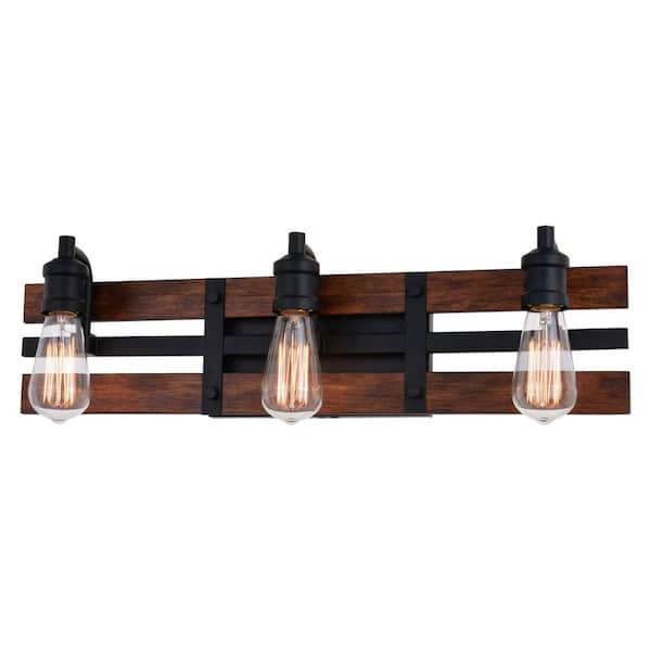 Carrington23. 75 in. W 3 Light Black and Solid Wood Walnut Finish Slat Farmhouse Bathroom Vanity Light Fixture