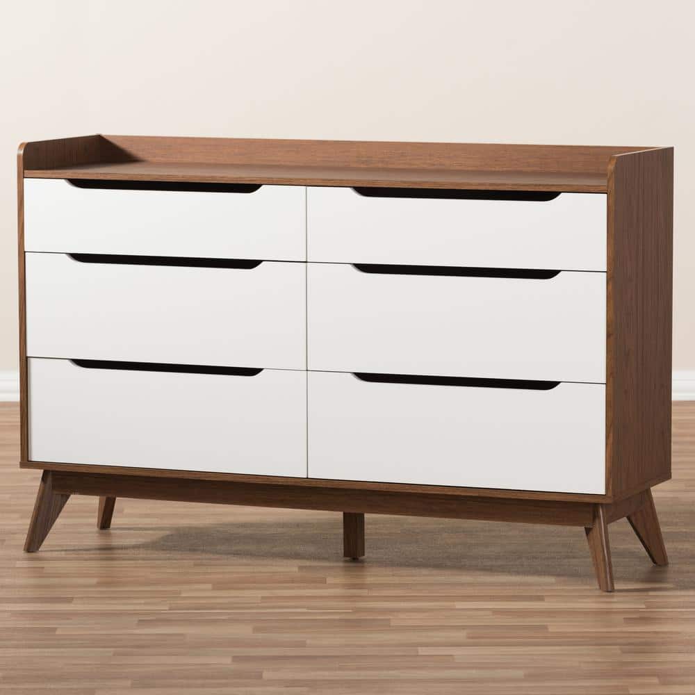 Brighton Mid-Century White and Walnut 6-Drawer Dresser