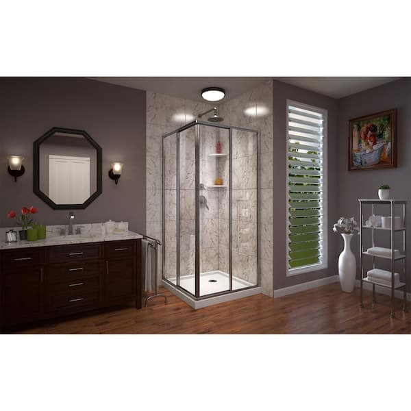 Cornerview 42 in. W x 74.75 in. H Corner Shower Kit with Sliding Framed Shower Door in Brushed Nickel and Shower Pan
