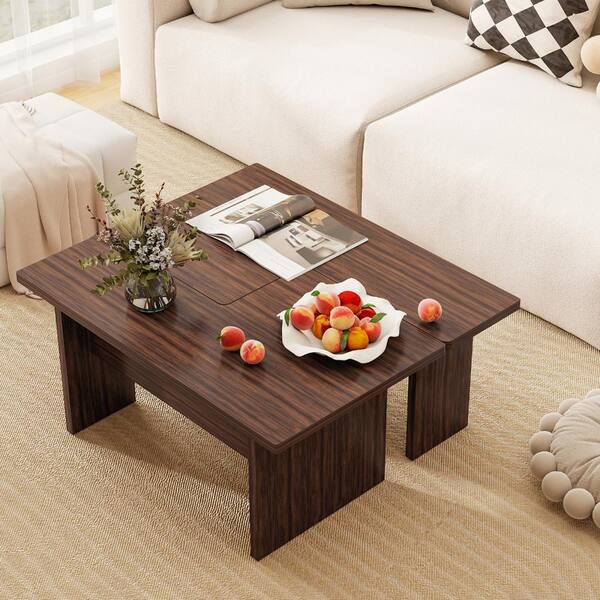 Bunpeony Walnut Modular L-Shaped Coffee Table Set of 2 Nesting
