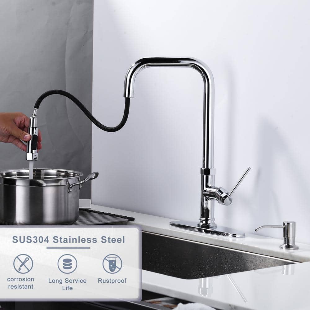 Chrome Single-Handle Pull Down Kitchen Faucet with Soap Dispenser