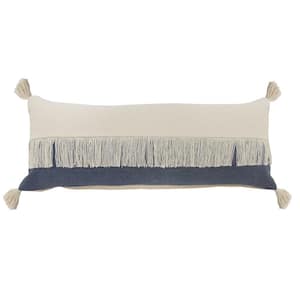 Festival Fringe Denim Blue/Off-White Color Block Soft Poly-Fill 14 in. x 36 in. Indoor Throw Pillow