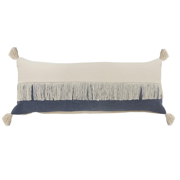 Unbranded Festival Fringe Denim Blue/Off-White Color Block Soft Poly-Fill 14 in. x 36 in. Indoor Throw Pillow