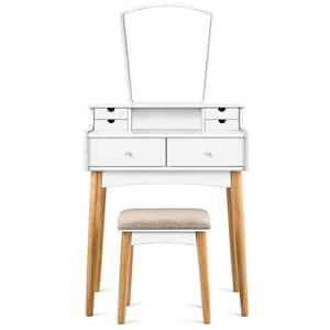 2-Piece White Vanity Table Set with Mirror And 6-Drawer Dressing Table Cushioned Stool Makeup Table