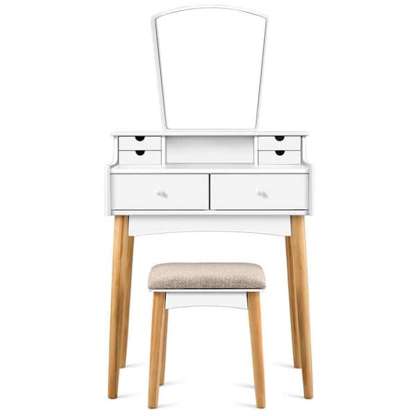 Costway 2-Piece White Vanity Table Set with Mirror & 6 Drawer Dressing Table Cushioned Stool Makeup Table