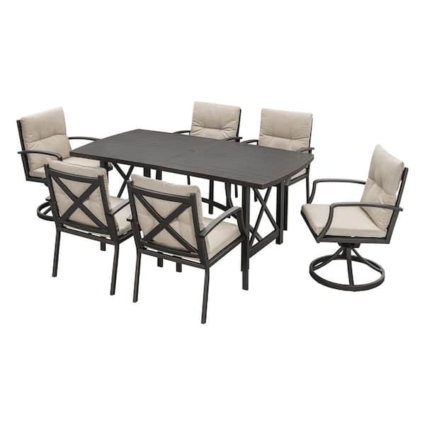 Gunmetal 7-Piece Aluminum Outdoor Dining Set with 6-Swivel Dining Chairs and Beige Cushions