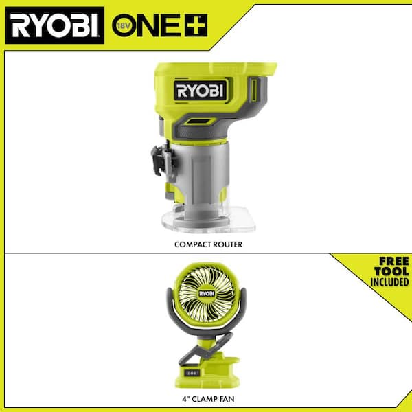 ONE+ 18V Cordless Compact Fixed Base Router with ONE+ 18V Cordless 4 in. Clamp Fan (Tools Only)