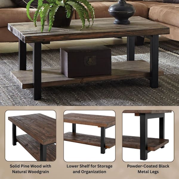 Alaterre Furniture - Pomona 42 in. Rustic/Natural Rectangle Wood Top Coffee Table with Shelf