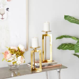 Gold Aluminum Geometric Pillar Candle Holder (Set of 2)