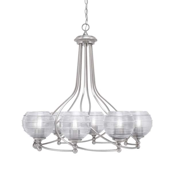 Unbranded Royale 8 Light Brushed Nickel Chandelier, Round Chandelier with 6 in. Clear Ribbed Glass Shades, No Bulbs Included