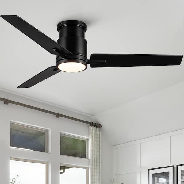 52 in. Modern Black 6-Speed Black Blades Flush Mount Standard Ceiling Fan with 3-Color Dimmable LED Light