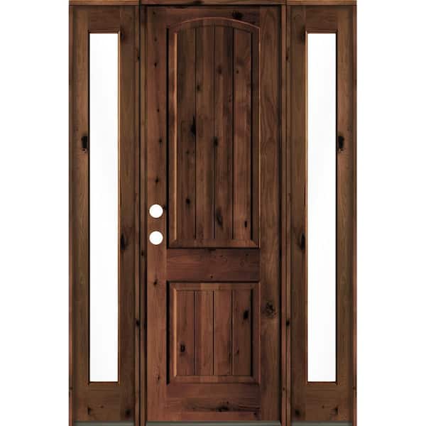 Krosswood Doors 58 in. x 96 in. Rustic Knotty Alder Arch Red Mahogany Stained Wood with V-Groove Right Hand Single Prehung Front Door