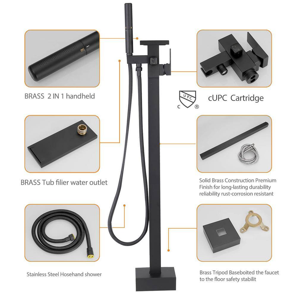 Matte Black Solid Brass Freestanding Tub Faucet with Hand Shower
