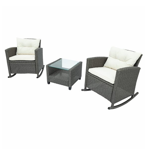 Unbranded 3-Piece Wicker Rattan Outdoor Rocking Chair Patio Conversation Set with Beige Cushions