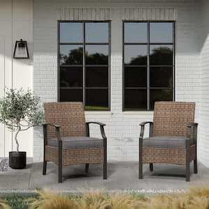Dark Grey PE Wicker Outdoor Dining Chair with Front Seat Baffle and Olefin Cushions (2-Pack)