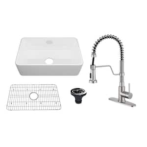 All-in-One 30 in. Farmhouse/Apron-Front Single Bowl Fireclay Kitchen Sink with Faucet, Bottom Grid, and Basket Strainer