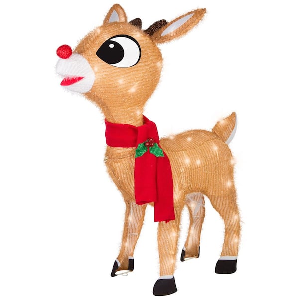 28 in. Tall 3D Lighted Tinsel Christmas Sculpture Reindeer with Red Scarf