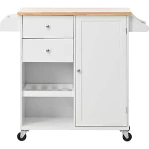 White Wood 41.3 in. W Kitchen Cart with Spice Rack, Towel Rack and 2-Drawers and 4-Wheels