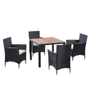 Arbe Black 5-Piece Wicker Outdoor Dining Set with Creme Cushion and Wood Top